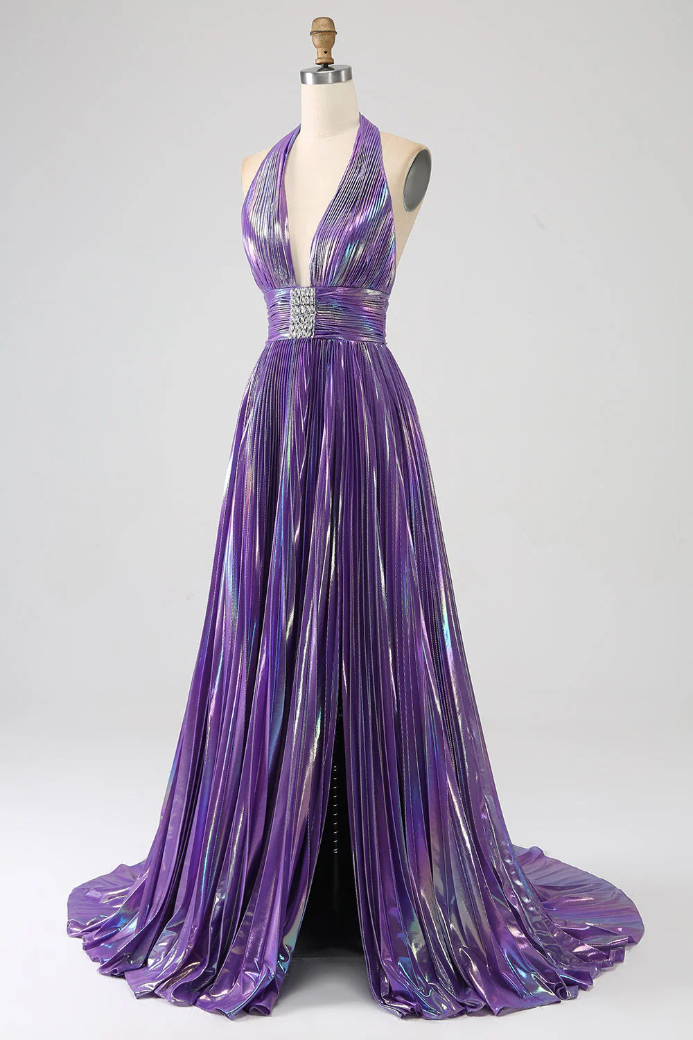 Metallic Blue Pleated Long Prom Dress with Halter Neck and Slit in A-Line Style