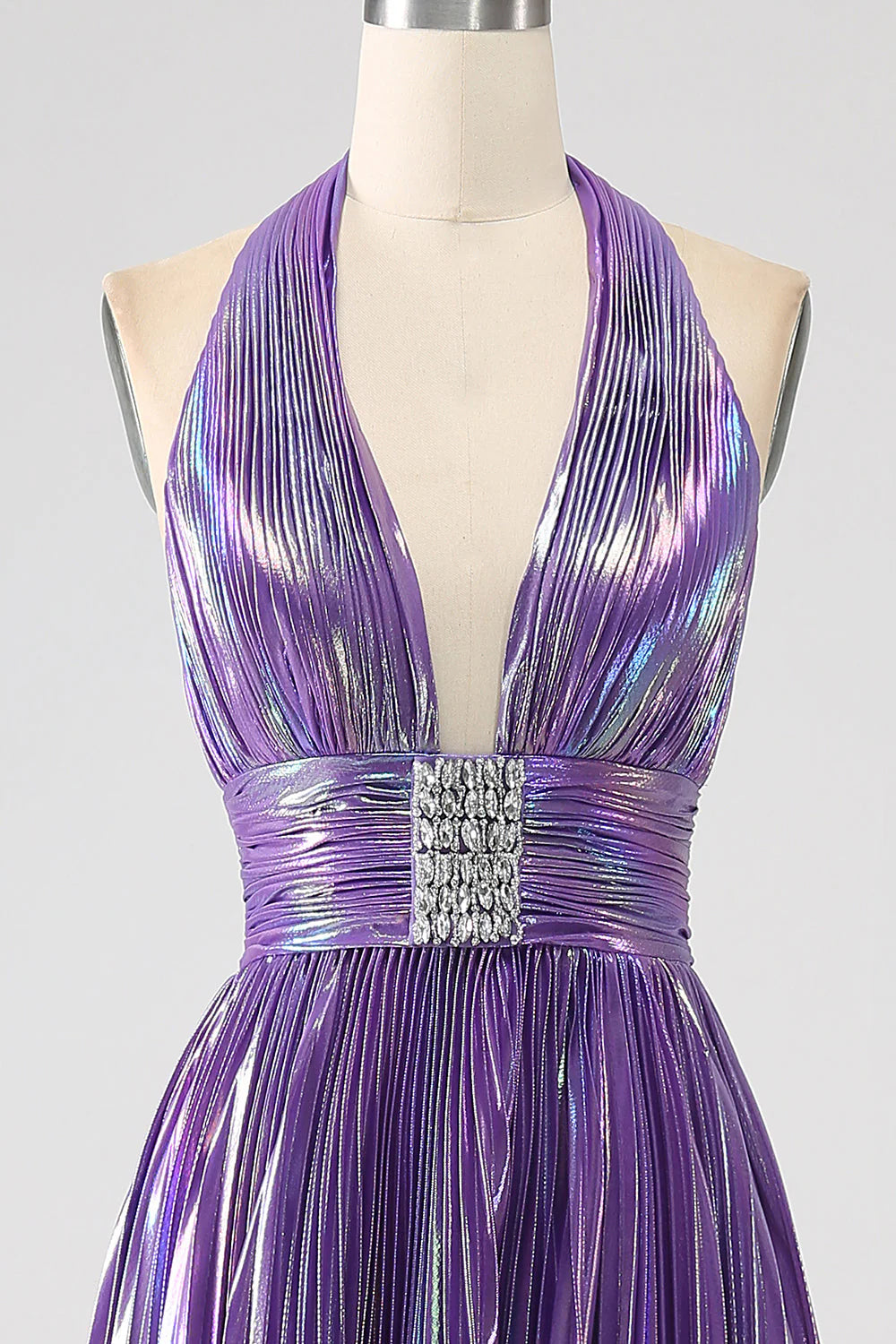 Metallic Blue Pleated Long Prom Dress with Halter Neck and Slit in A-Line Style