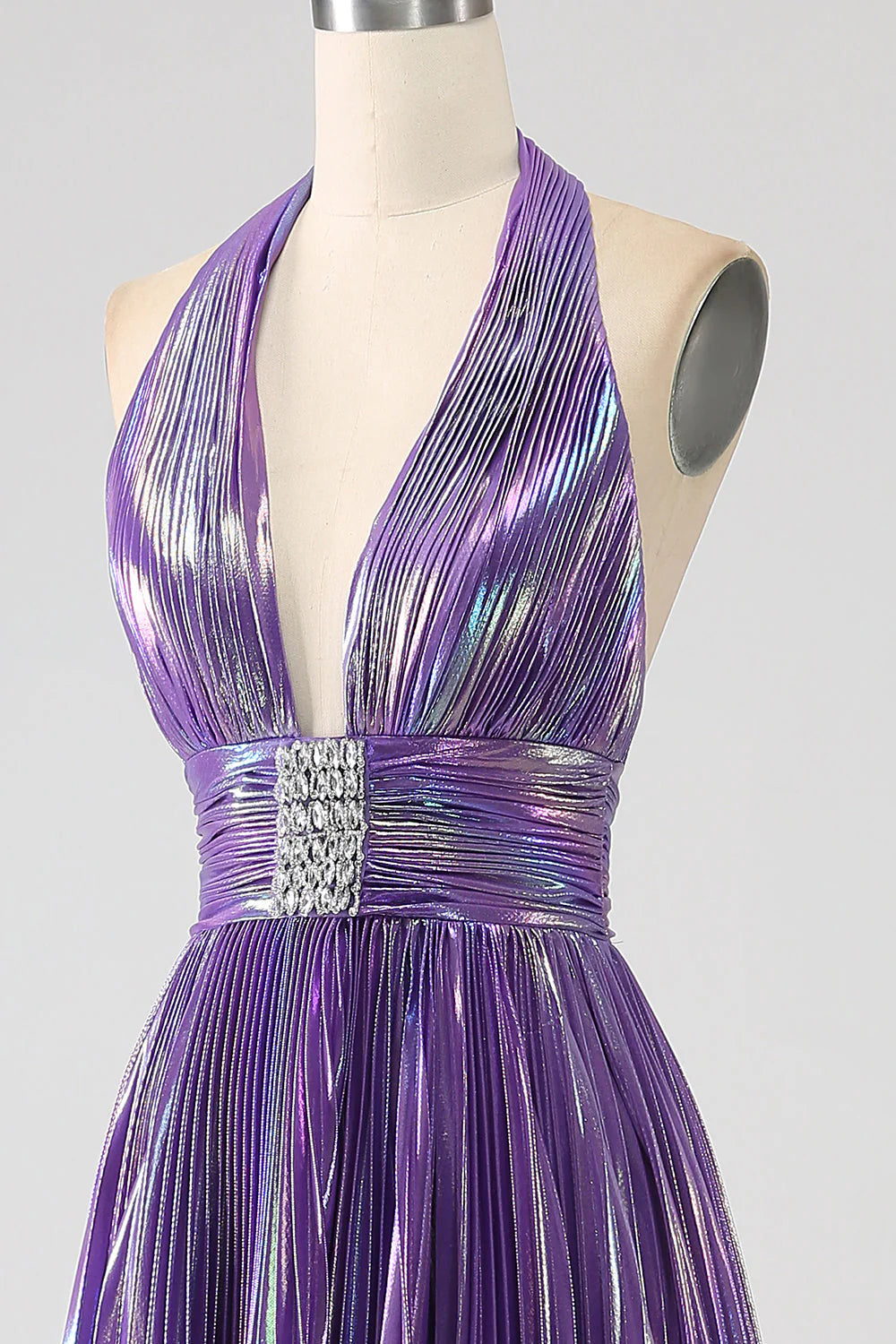 Metallic Blue Pleated Long Prom Dress with Halter Neck and Slit in A-Line Style