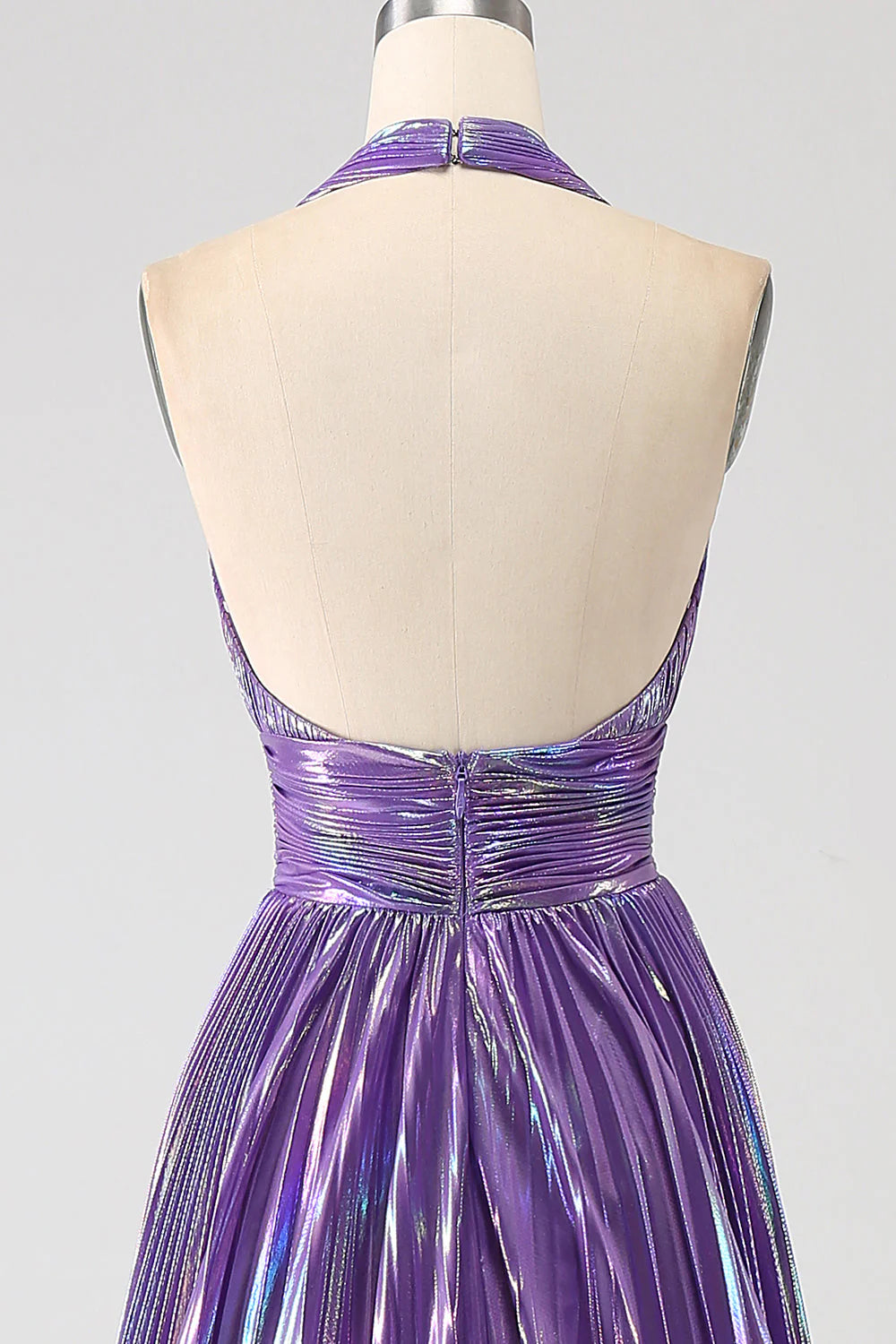 Metallic Blue Pleated Long Prom Dress with Halter Neck and Slit in A-Line Style