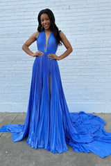Metallic Blue Pleated Long Prom Dress with Halter Neck and Slit in A-Line Style