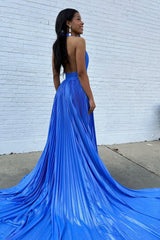 Metallic Blue Pleated Long Prom Dress with Halter Neck and Slit in A-Line Style