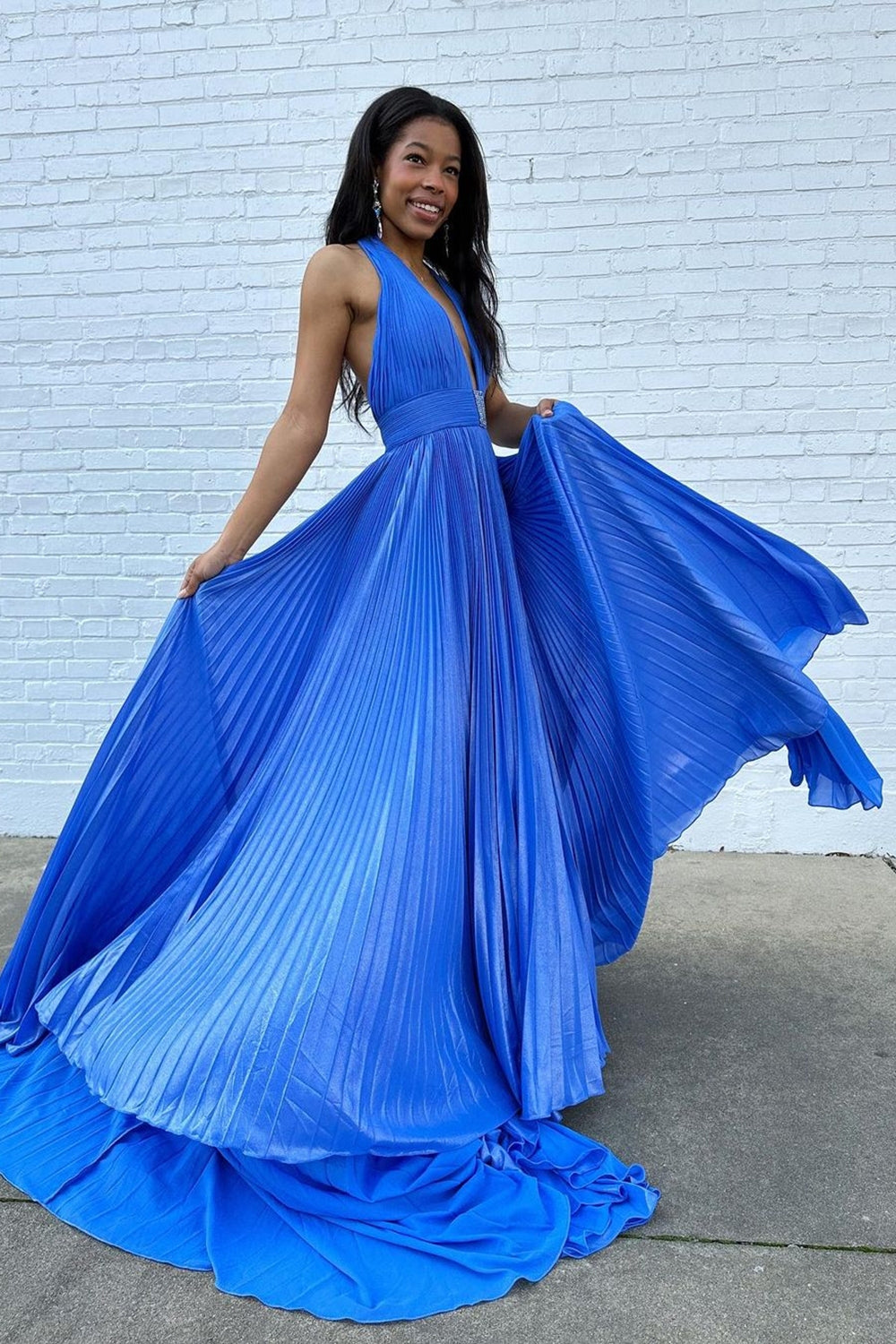 Metallic Blue Pleated Long Prom Dress with Halter Neck and Slit in A-Line Style