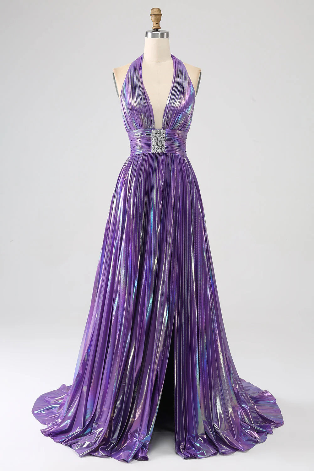 Metallic Blue Pleated Long Prom Dress with Halter Neck and Slit in A-Line Style