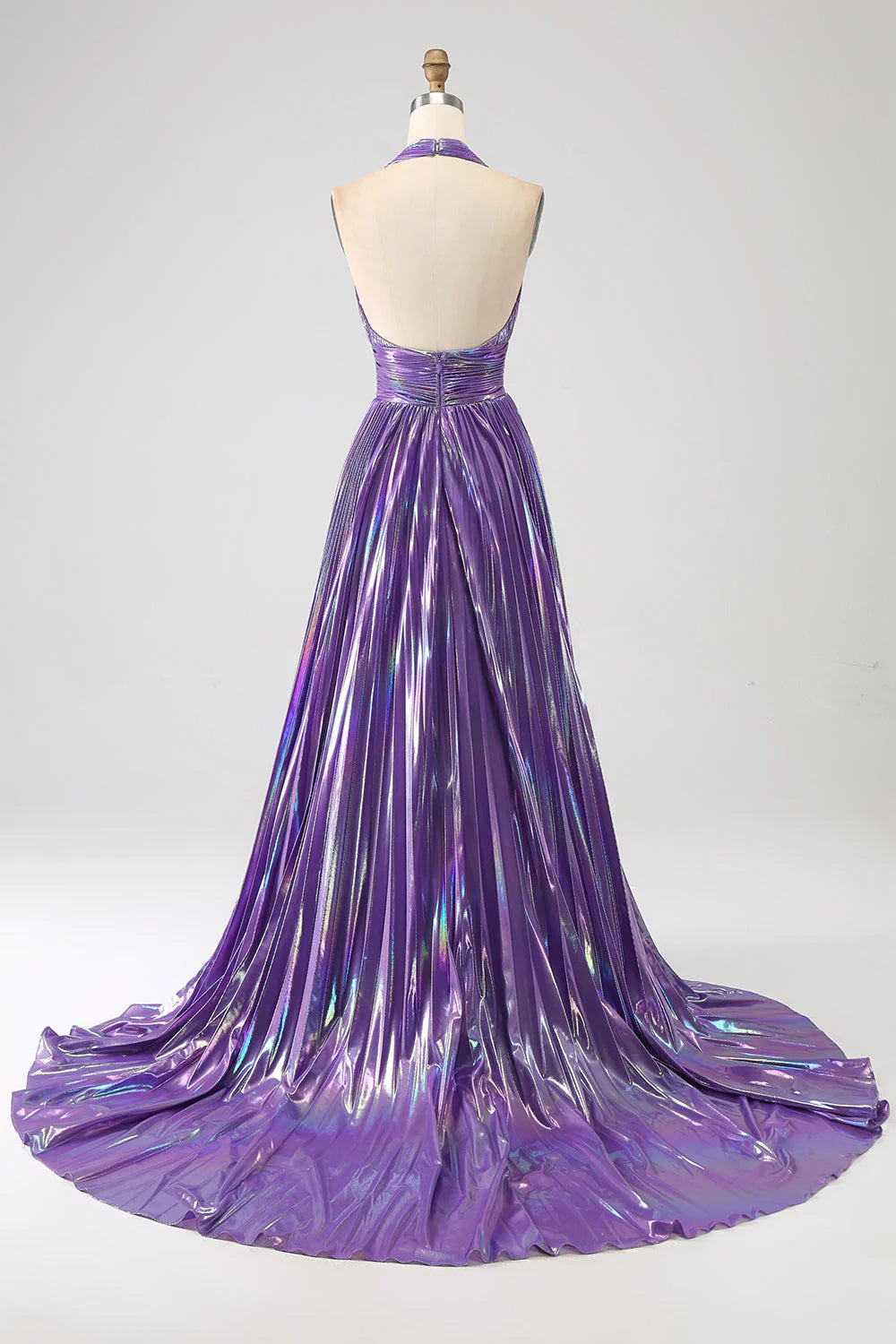 Metallic Blue Pleated Long Prom Dress with Halter Neck and Slit in A-Line Style