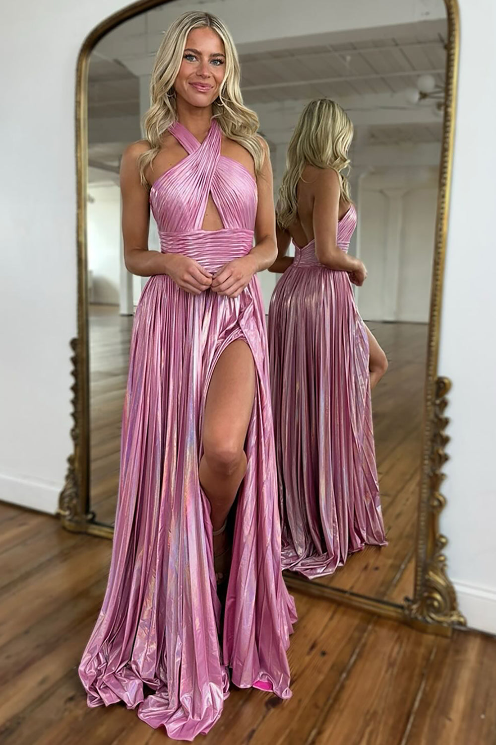 Long A-Line Pleated Prom Dress with Metallic Blush Halter Neck and Slit