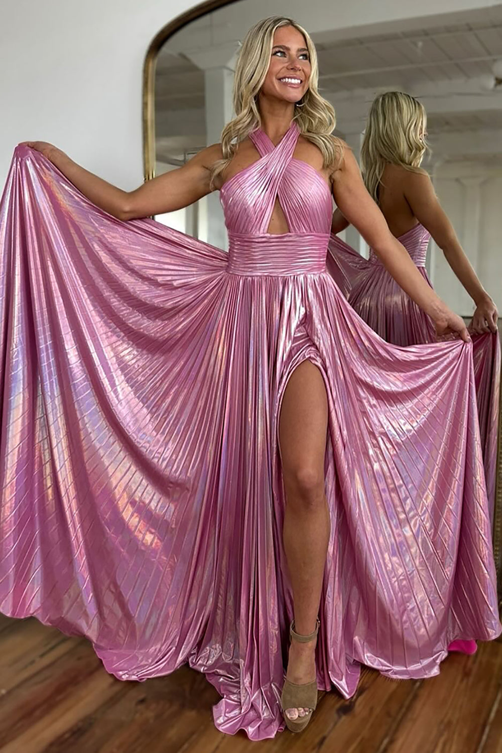 Long A-Line Pleated Prom Dress with Metallic Blush Halter Neck and Slit