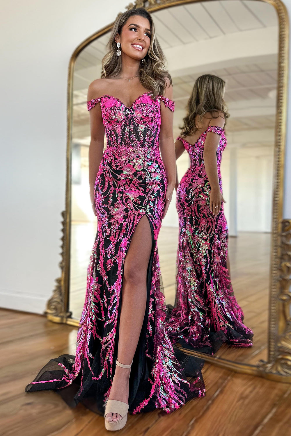 Fuchsia Sparkle Tiered Long Prom Dress with Off-Shoulder Neckline