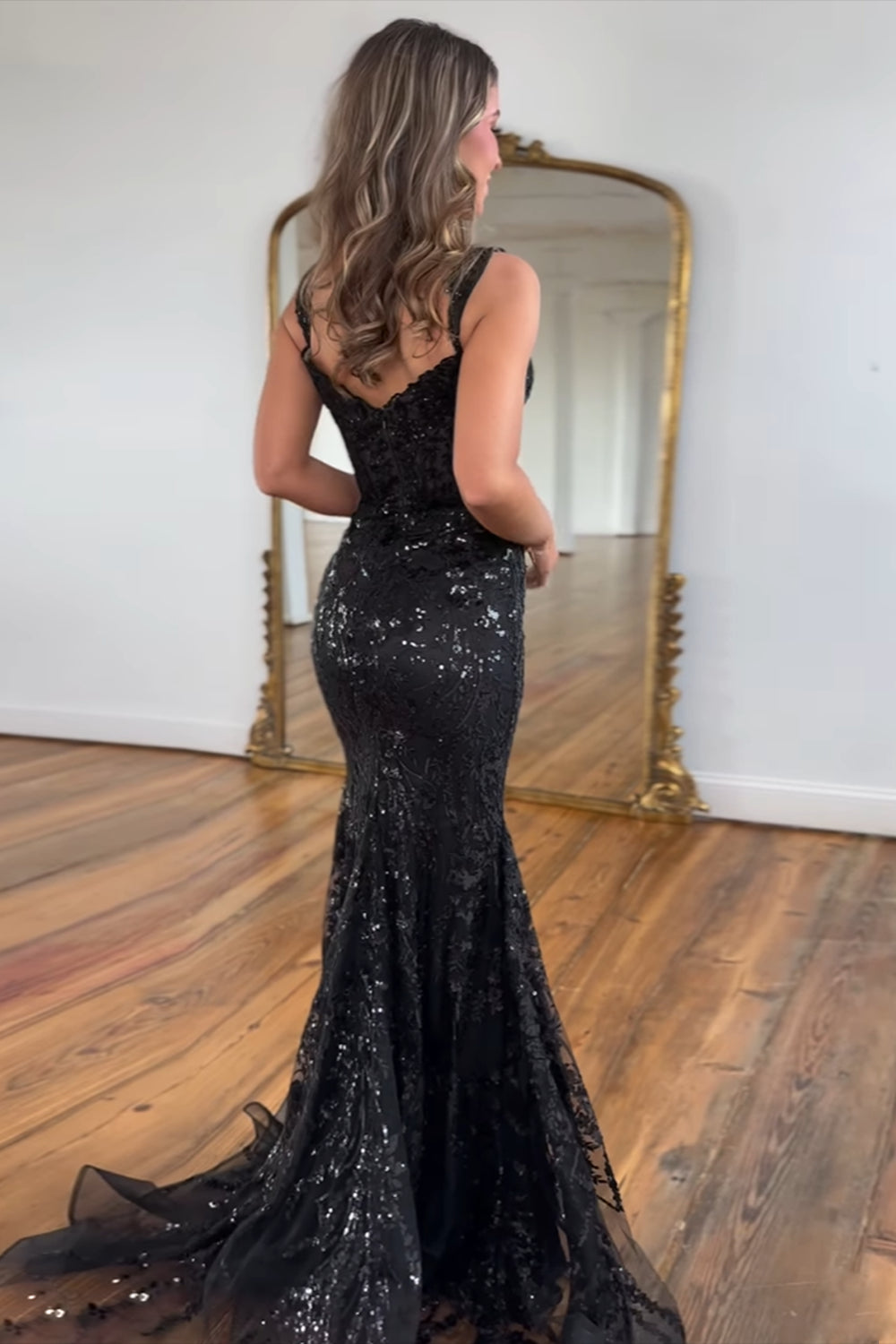 Golden Sparkle Mermaid Prom Dress with Shoulder Slit and Sequins