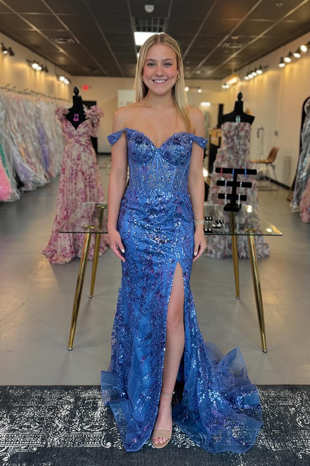 Fuchsia Sparkle Off-Shoulder Tiered Long Prom Dress with Sequins