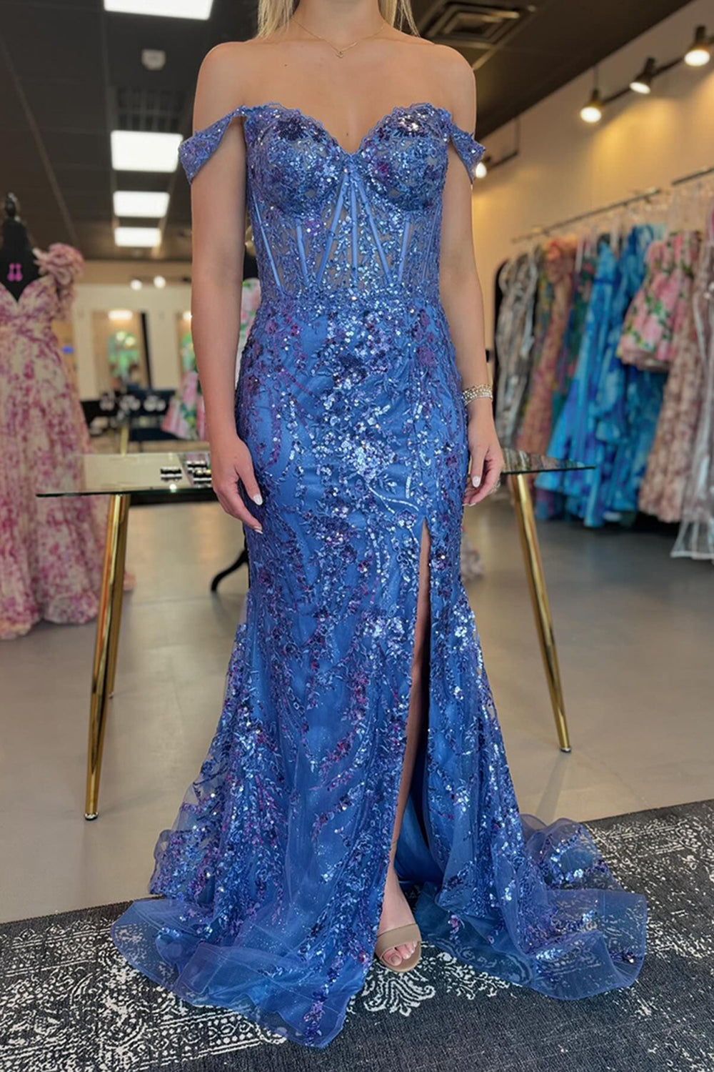 Fuchsia Sparkle Tiered Long Prom Dress with Off-Shoulder Neckline
