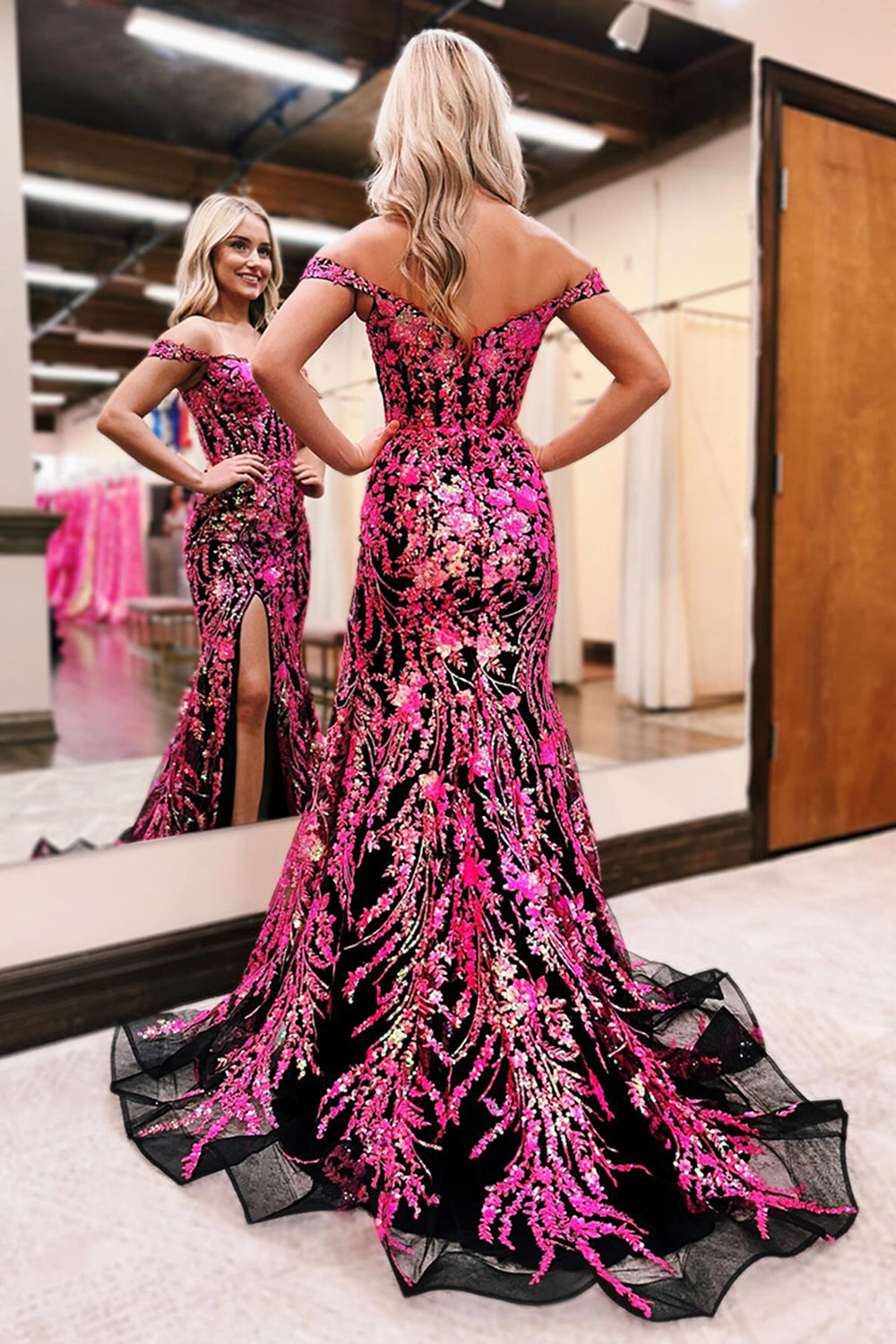 Fuchsia Sparkle Tiered Long Prom Dress with Off-Shoulder Neckline