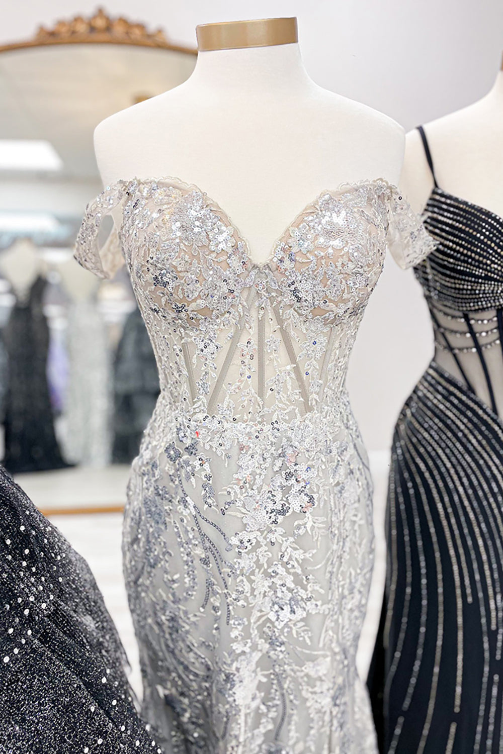 Golden Sparkle Mermaid Prom Dress with Shoulder Slit and Sequins