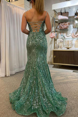 Long Mermaid Prom Dress with Sparkly Green Sequins and Spaghetti Straps Featuring a Slit