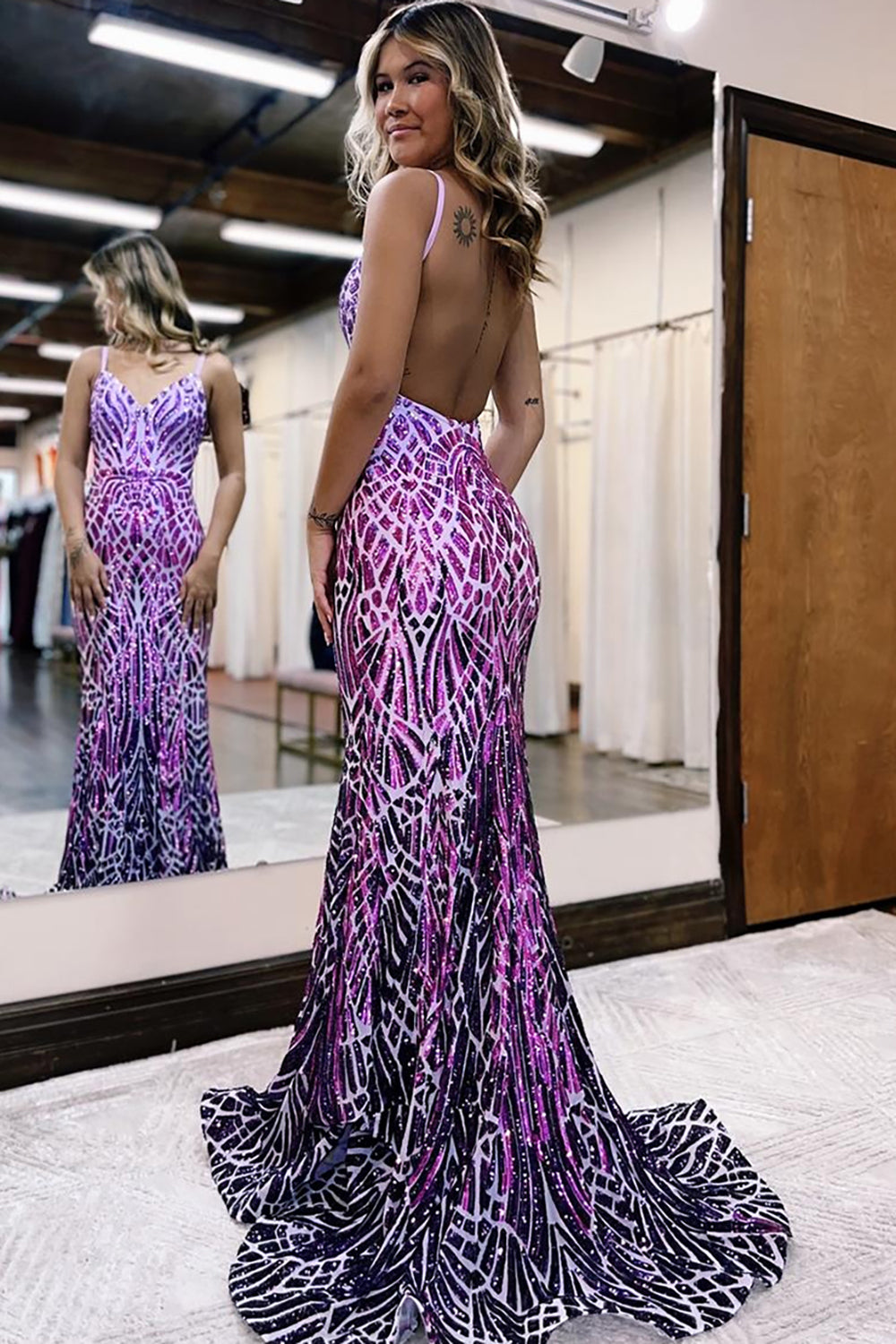 Long Mermaid Prom Dress with Fuchsia Sequins and Sparkly Spaghetti Straps