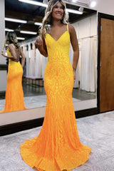 Long Mermaid Prom Dress with Fuchsia Sequins and Sparkly Spaghetti Straps