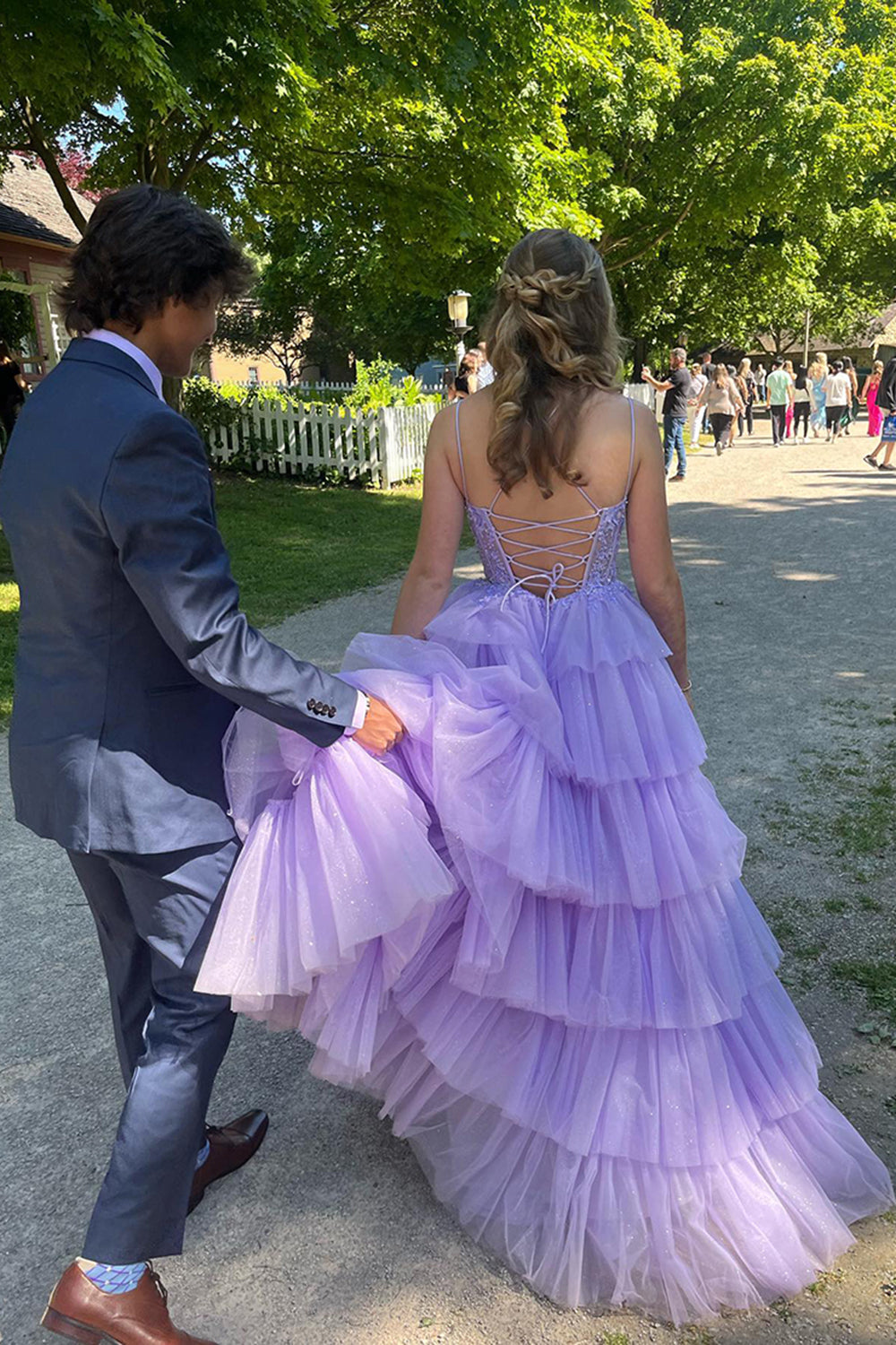 Long Prom Dress with Lilac Princess Spaghetti Straps and Tiered Tulle Appliques