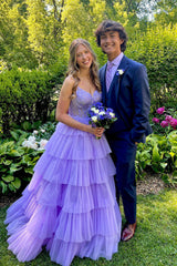 Long Prom Dress with Lilac Princess Spaghetti Straps and Tiered Tulle Appliques