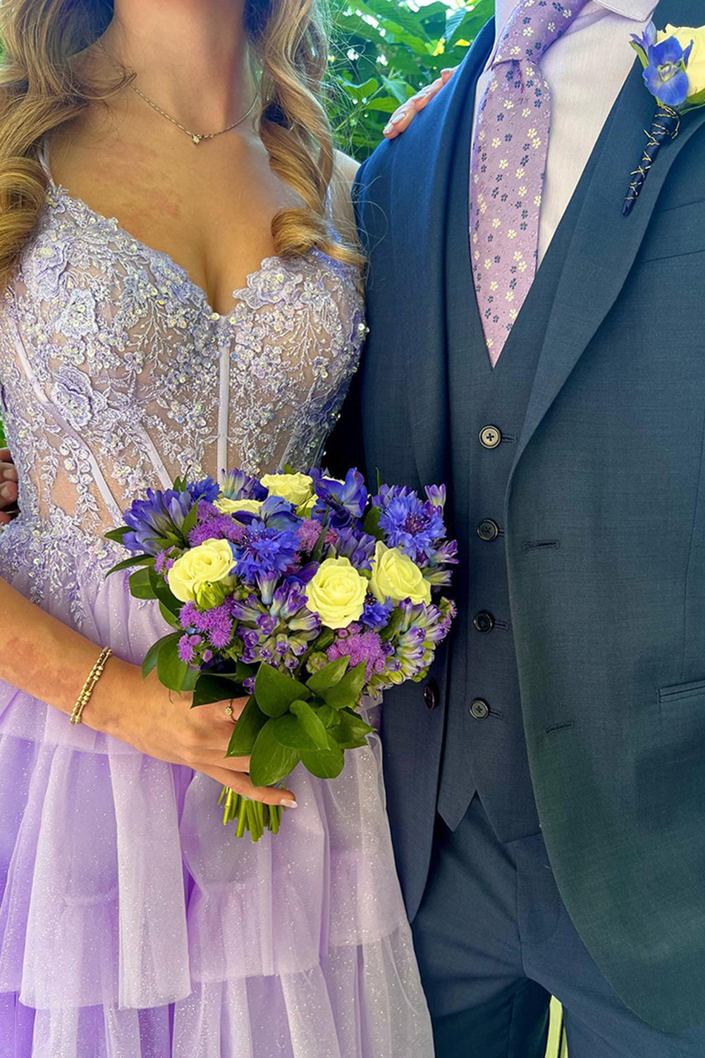 Long Prom Dress with Lilac Princess Spaghetti Straps and Tiered Tulle Appliques