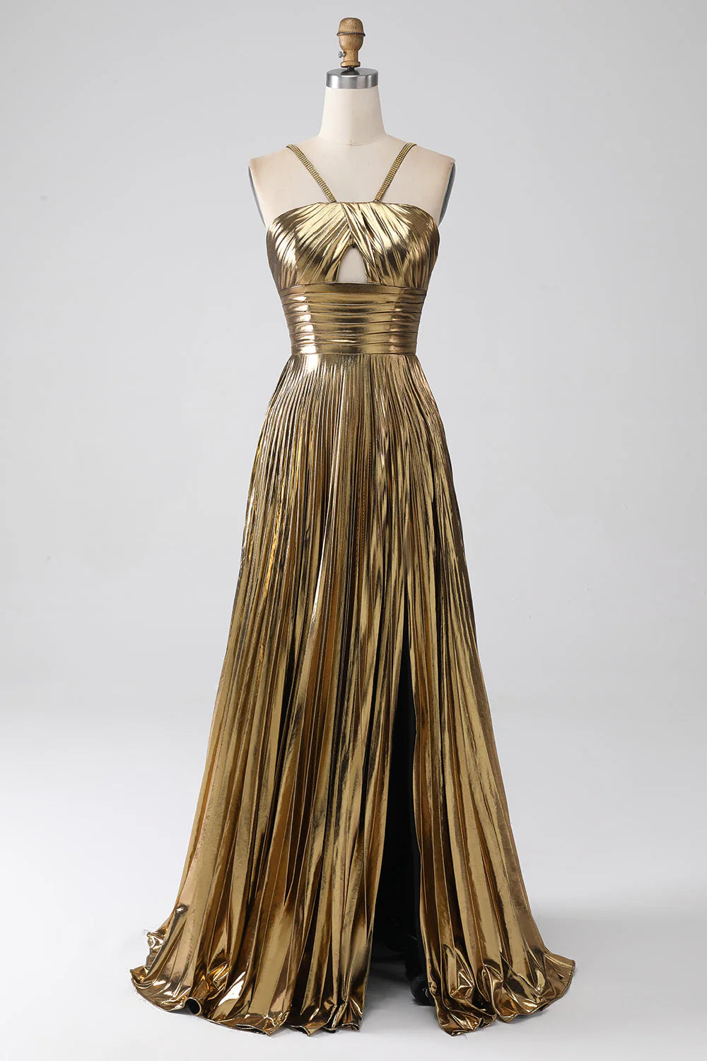 Gold Long Prom Dress with Sparkly A Line Halter Neck and Keyhole Slit