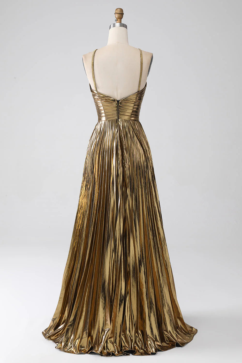Gold Long Prom Dress with Sparkly A Line Halter Neck and Keyhole Slit