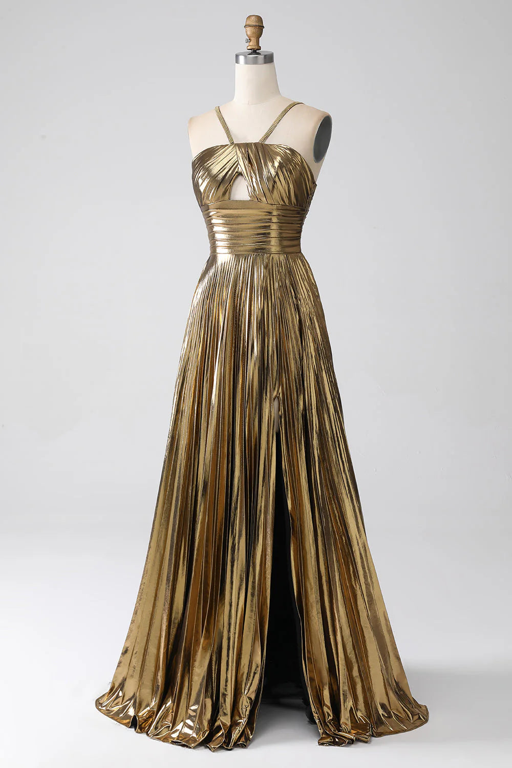 Golden Sparkle A-Line Halter Gown with Keyhole Slit for Prom