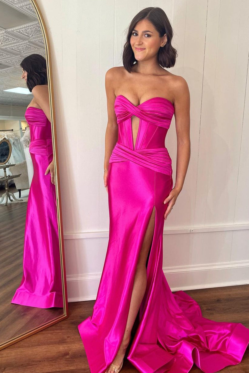 Long Sweetheart Purple Satin Mermaid Prom Dress with Corset and Split