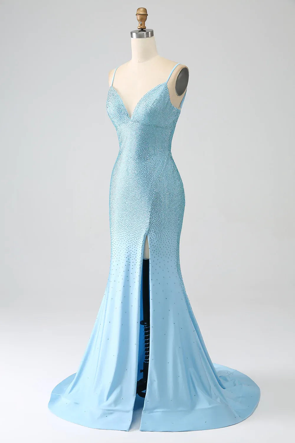 Long V-Neck Prom Dress in Sparkly Light Blue with Beaded Mermaid Cut and Slit