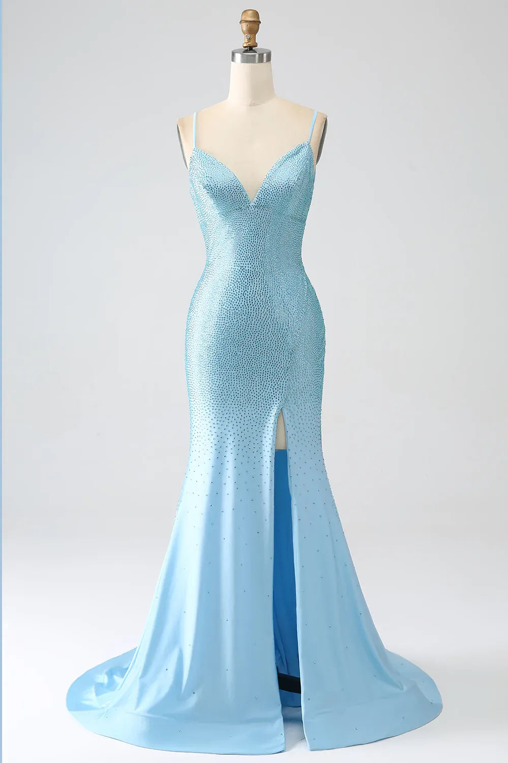 Long V-Neck Prom Dress in Sparkly Light Blue with Beaded Mermaid Cut and Slit