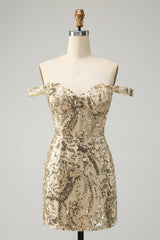 Sparkly Golden Off The Shoulder Corset Tight Short Homecoming Dress/Mini Dress