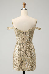 Sparkly Golden Off The Shoulder Corset Tight Short Homecoming Dress/Mini Dress
