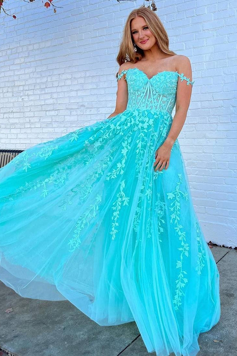 Prom Dress in Navy with Appliques and Off-the-Shoulder Design