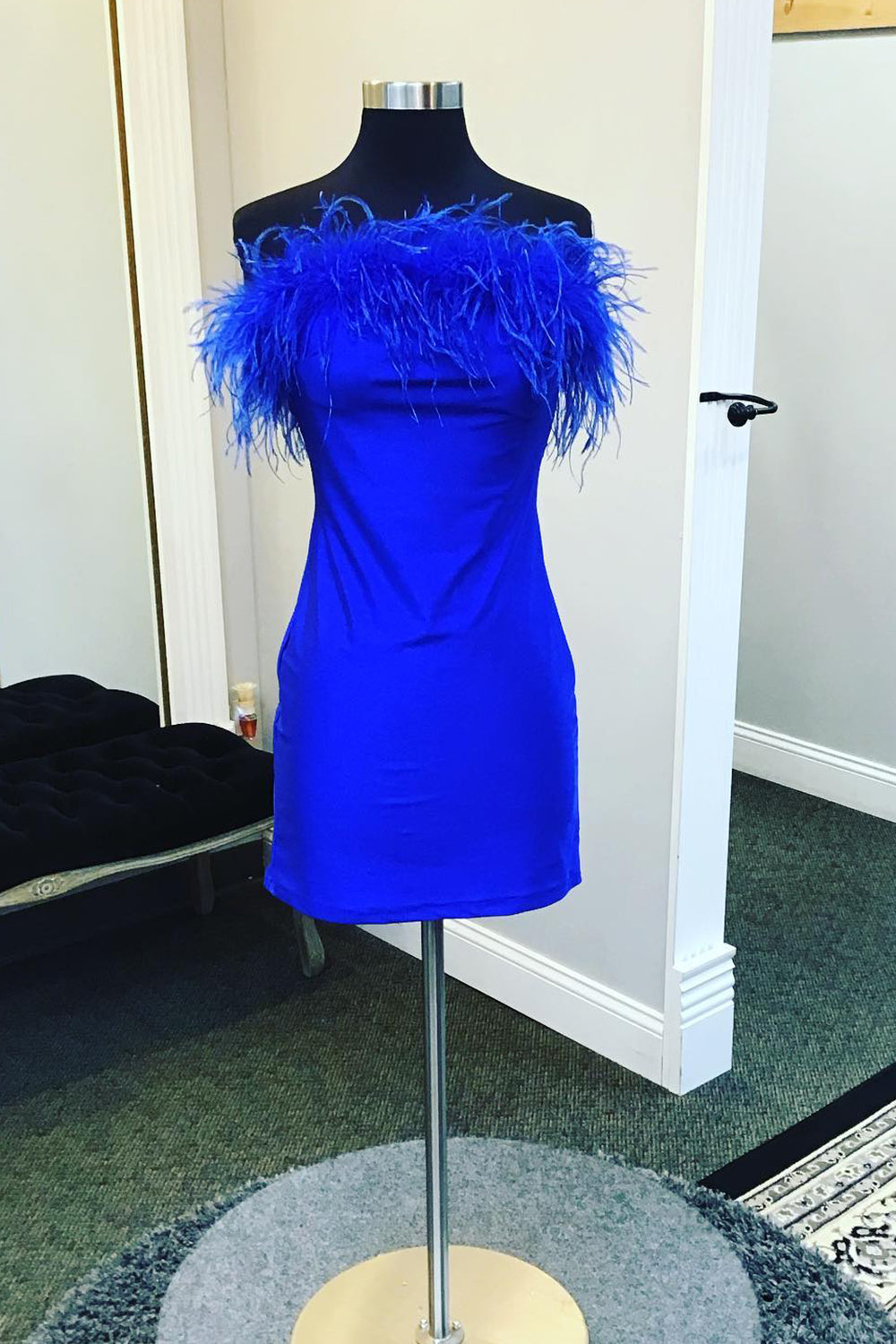 Royal Blue Satin Tight Short Homecoming Dress/Mini Dress with Feathers