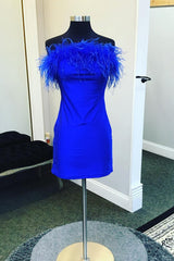 Royal Blue Satin Tight Short Homecoming Dress/Mini Dress with Feathers