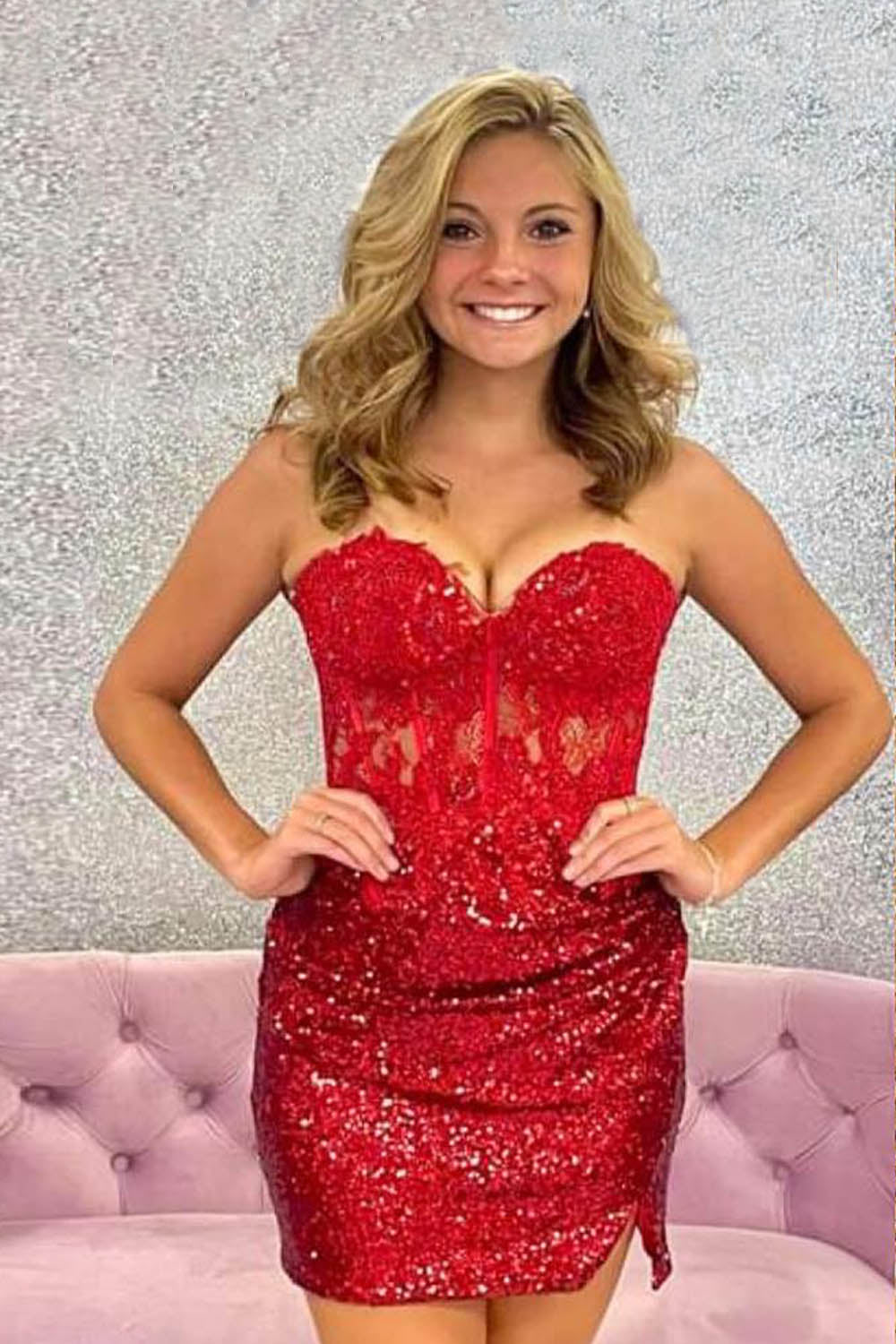 Sparkly Purple Corset Tight Sequins Short Homecoming Dress/Mini Dress with Lace
