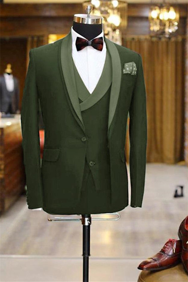 Fashion Slim Fit Olive Green Shawl Lapel Tuxedo Three-Piece Men Prom Suits
