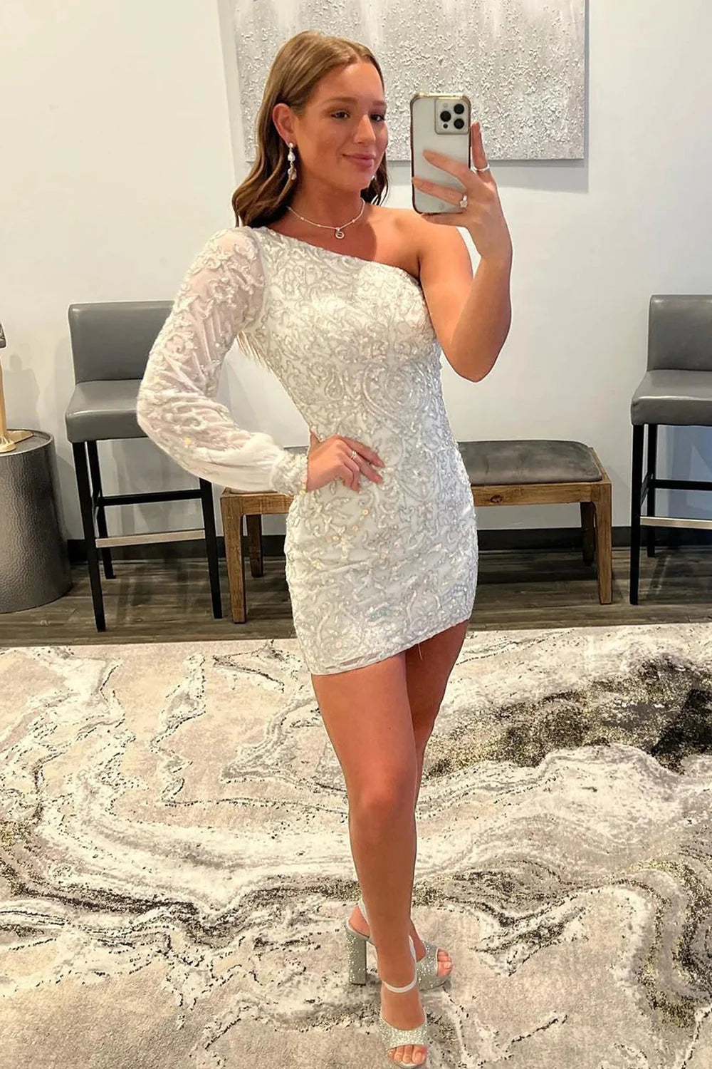 White Beaded Sequins One Shoulder Tight Homecoming Dress/Mini Dress