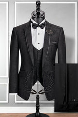 Chic Black Slim Fit Notched Lapel Jacquard Wedding Suit for Men