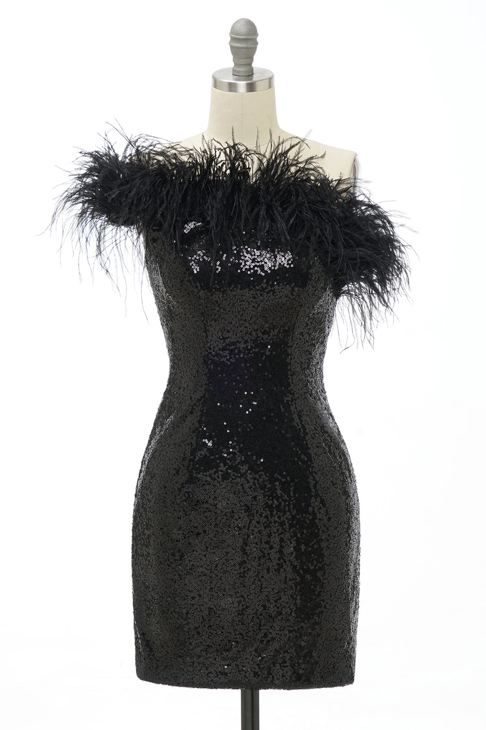 Black One Shoulder Sequins Short Homecoming Dress/Mini Dress with Feathers