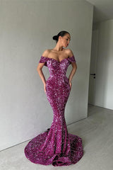 Purple Off-The-Shoulder Long Evening Dress Mermaid With Sequins