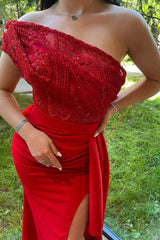 One Shoulder Sleeveless Mermaid Split Long Formal Dress With Pleated