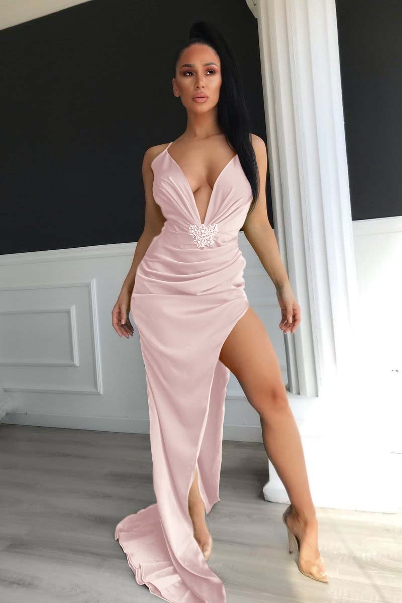V-Neck Halter Evening Dress With Split