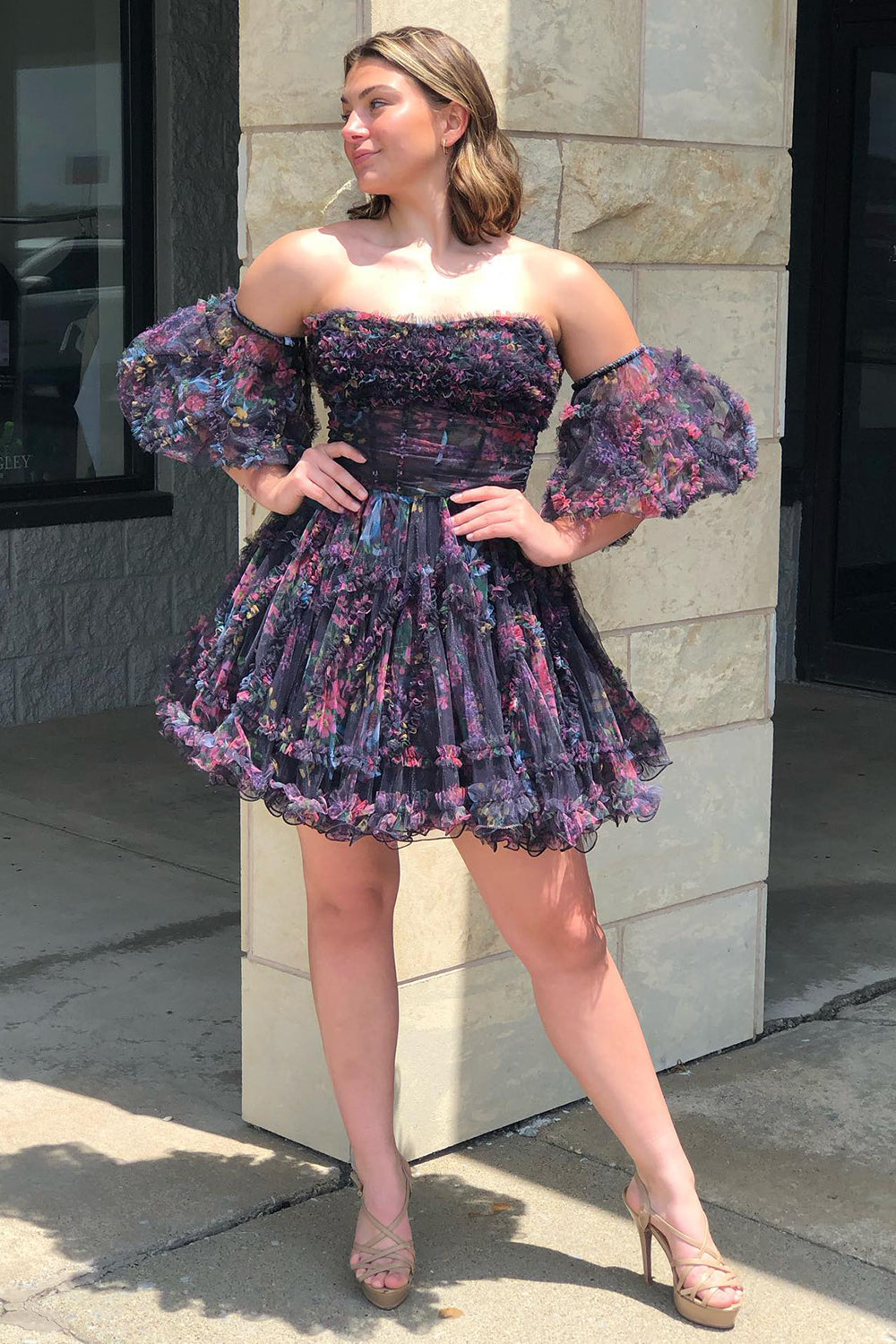 Fuchsia Corset Puff Sleeves A-Line Short Tulle Homecoming Dress/Mini Dress with Ruffles