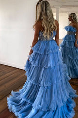 Long Blue Strapless Prom Dress with Beading in Princess Tulle