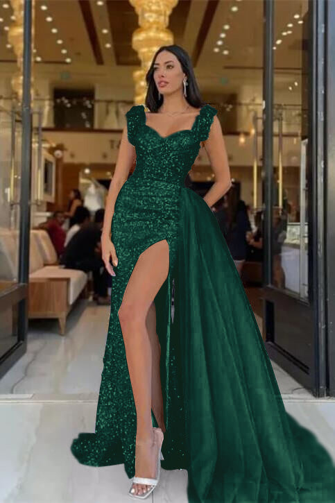Modern Slit Sky Blue Sweetheart Sequins Straps Mermaid Evening Dress Tulle With Detachable Ruffles