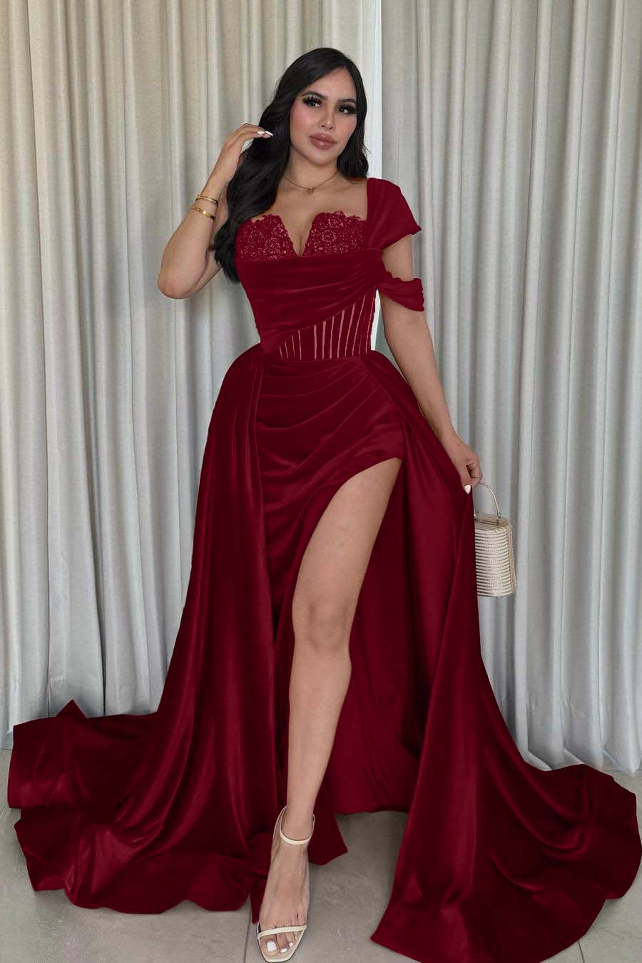 One Shoulder Sleeveless Long Mermaid Formal Dress With Split Pleated