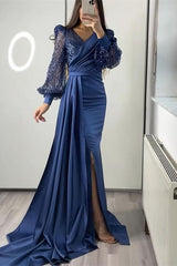 Miable Mermaid Sequins V-Neck Long Sleeves Split Evening Dress With Ruffle