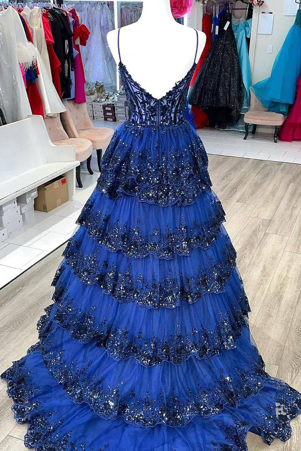 Long Corset Prom Dress in Pink with A Line Silhouette Spaghetti Straps and Sequined Tulle Tiers