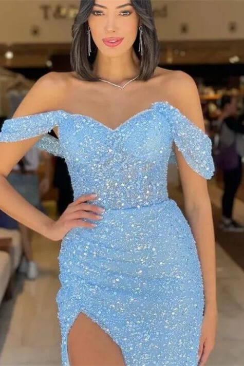 Modern Slit Sky Blue Sweetheart Sequins Straps Mermaid Evening Dress Tulle With Detachable Ruffles