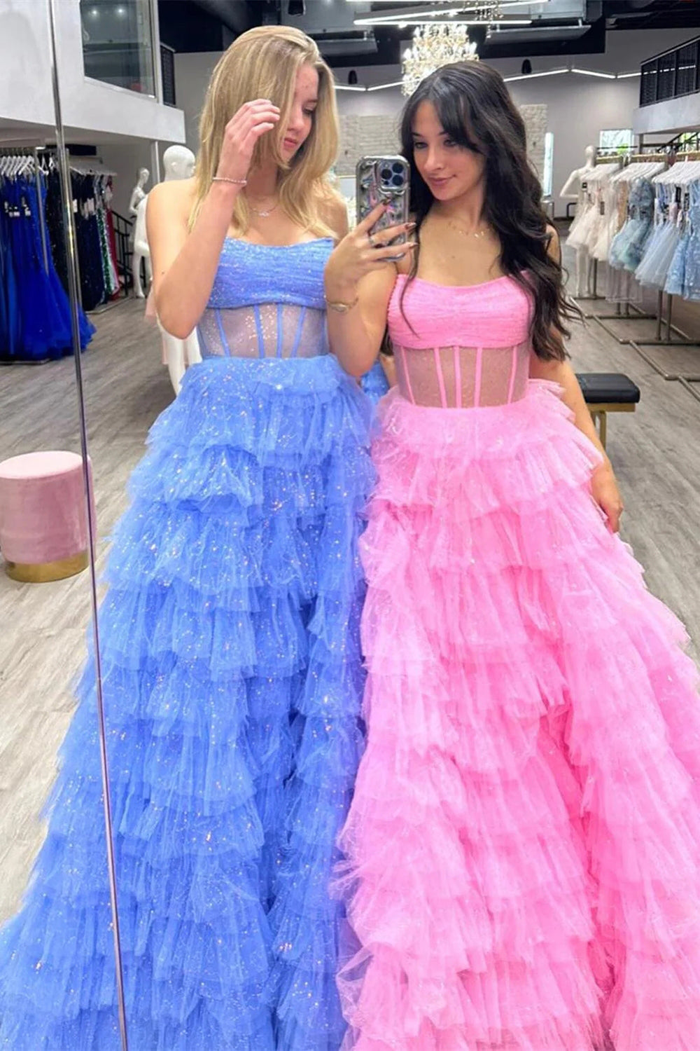 Strapless Long Prom Dress in Golden Tulle with Tiered Layers and Slit